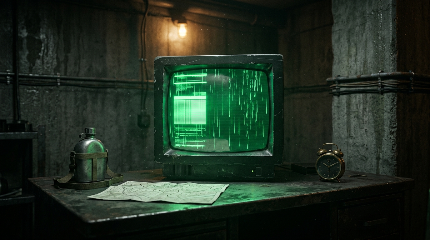 A rugged bunker desk with a green terminal, canteen, paper map, and alarm clock